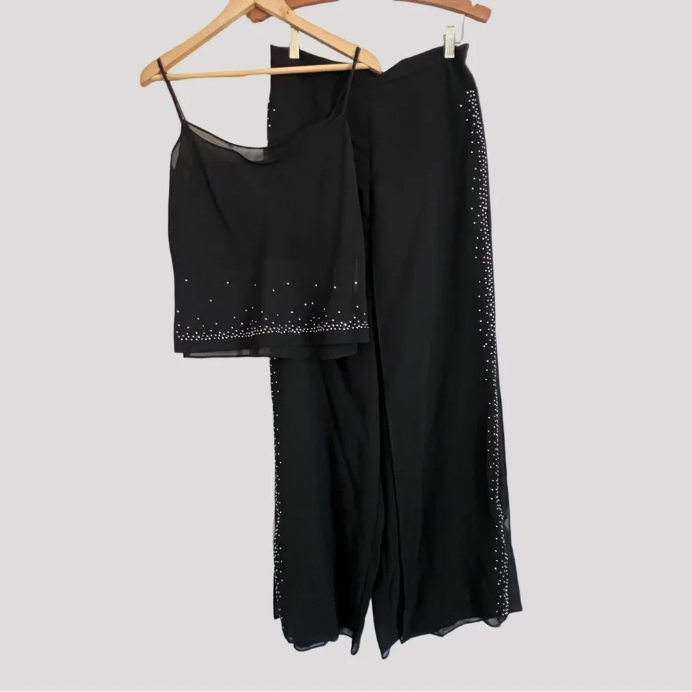 Vintage Betsy & Adam 2 Piece Set Semi-Sheer Wide Leg Flare Rhinestone Details - Picture 10 of 15